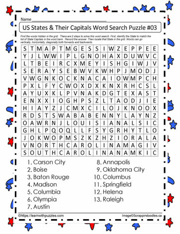 US States Capitals Word Search #3