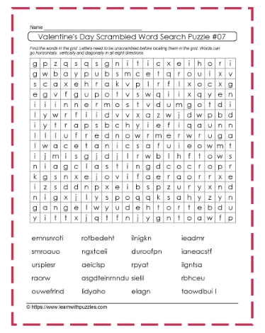 Valentine's Word Search Scrambled #07