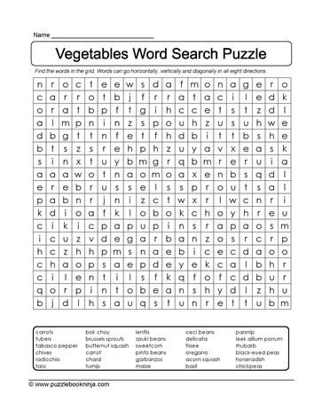 Vegetable Word Find Puzzle