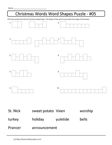 List of Christmas Words Puzzle